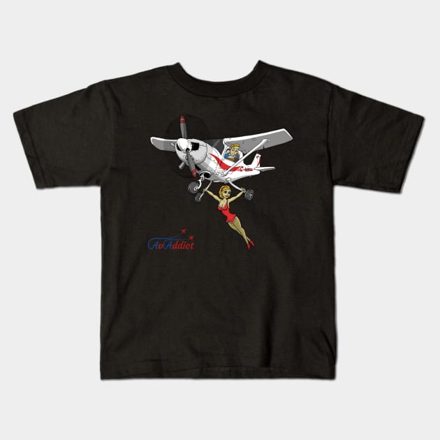 Trapeze Artist on an Aircraft cartoon Kids T-Shirt by Funky Aviation